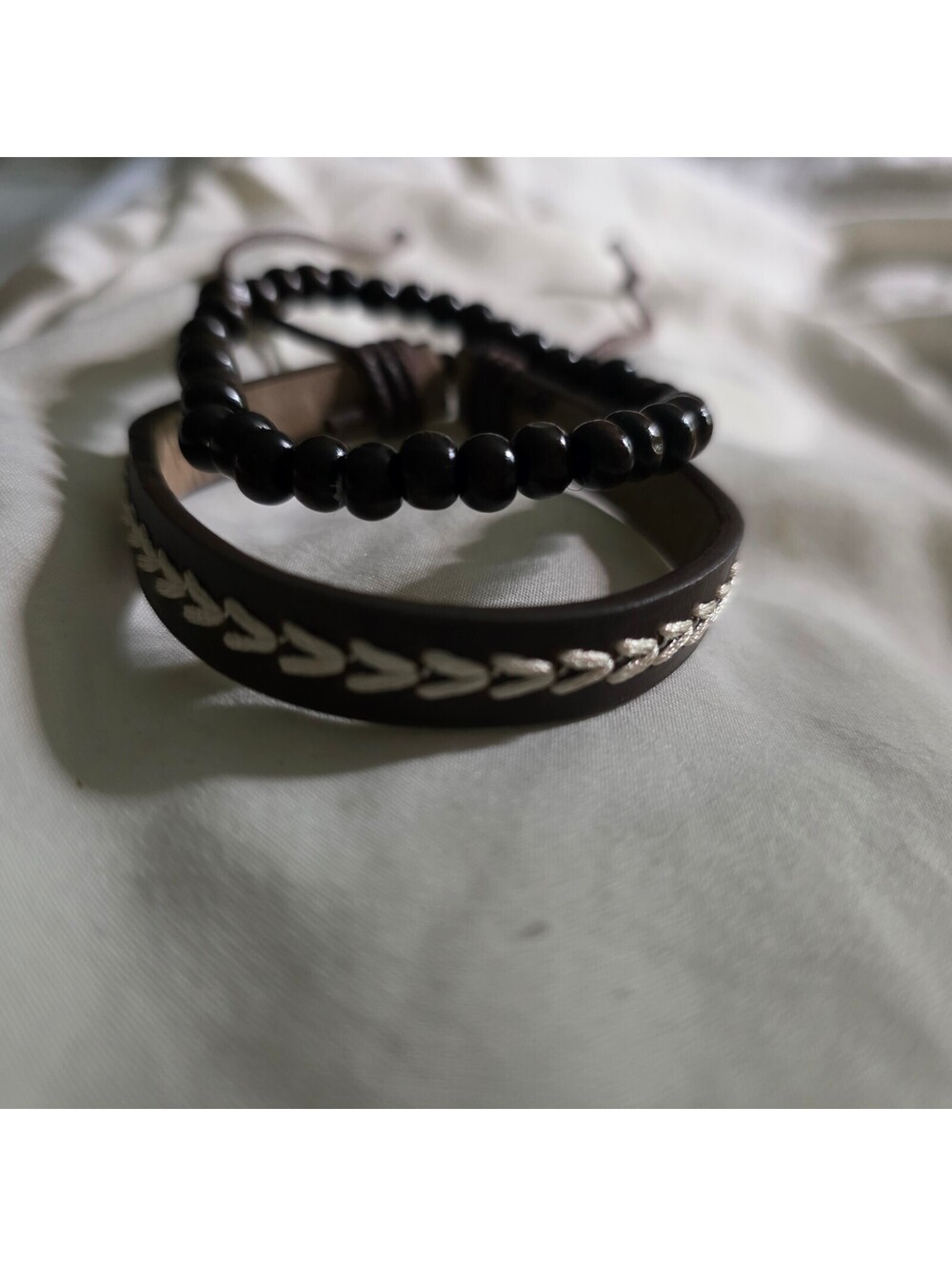 Set of Brown Leather and Beaded Bracelets